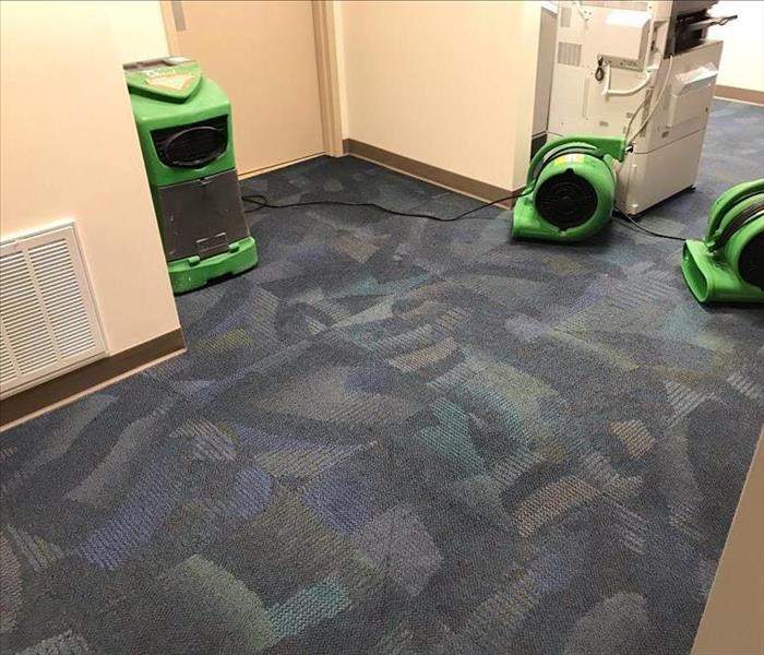 Blue carpet in clinic with drying equipment set up.  