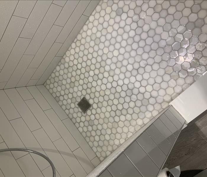 Shower stall after professional cleaning for sewage back up. 