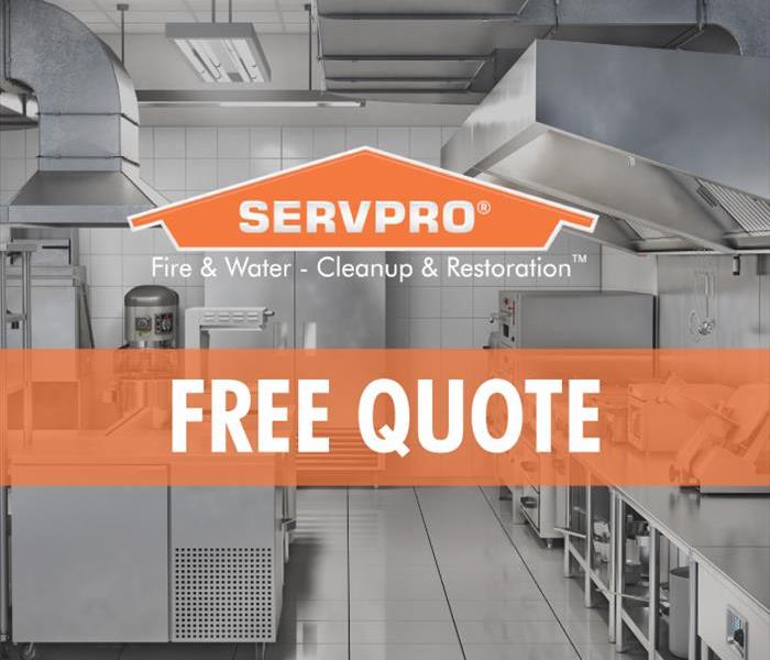 Commercial Kitchen with the SERVPRO logo and an orange banner that says “Free Quote”