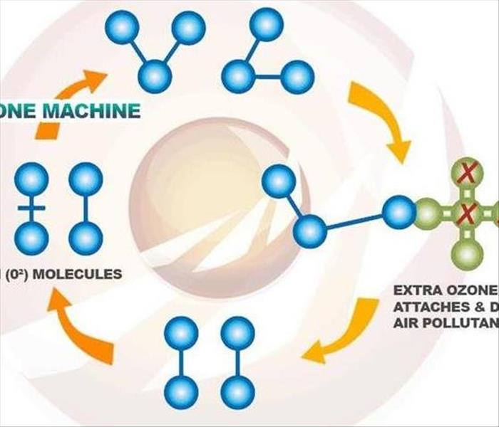 Diagram of ozone molecule destroying odor and bacteria molecules through oxidation. 